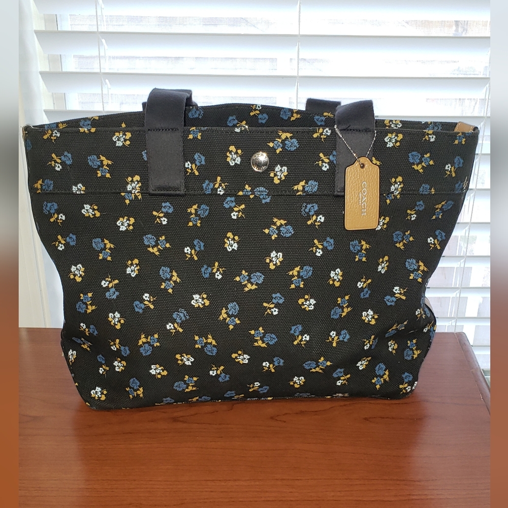 Coach Floral Print/Black Canvas Tote w/Brown Leather Accents EUC